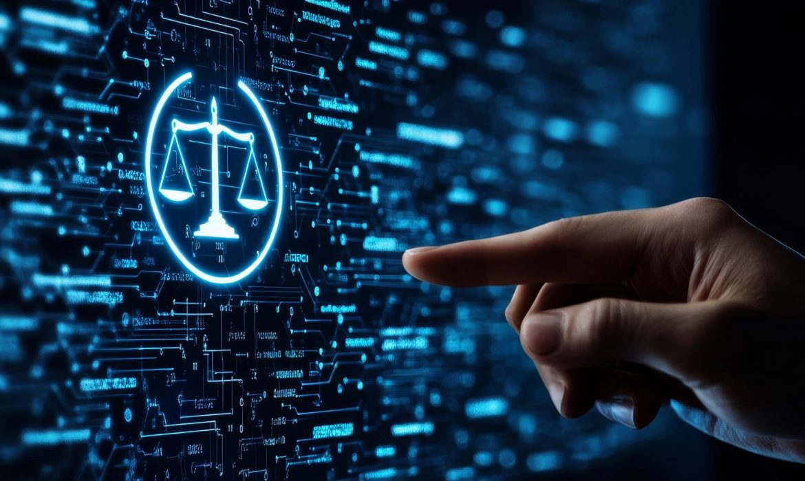 A businessman's hand points to a virtual screen showcasing a scales of justice icon, symbolizing digital law, legal tech, online justice, cyber security, and digital transformation. A businessman's hand points to a virtual screen showcasing a scales of justice icon, symbolizing digital law, legal tech, online justice, cyber security, and digital transformation.